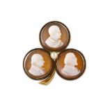 A COMMEMORATIVE CARVED SHELL CAMEO BROOCH OF BYRON AND TWO BRITISH POETS