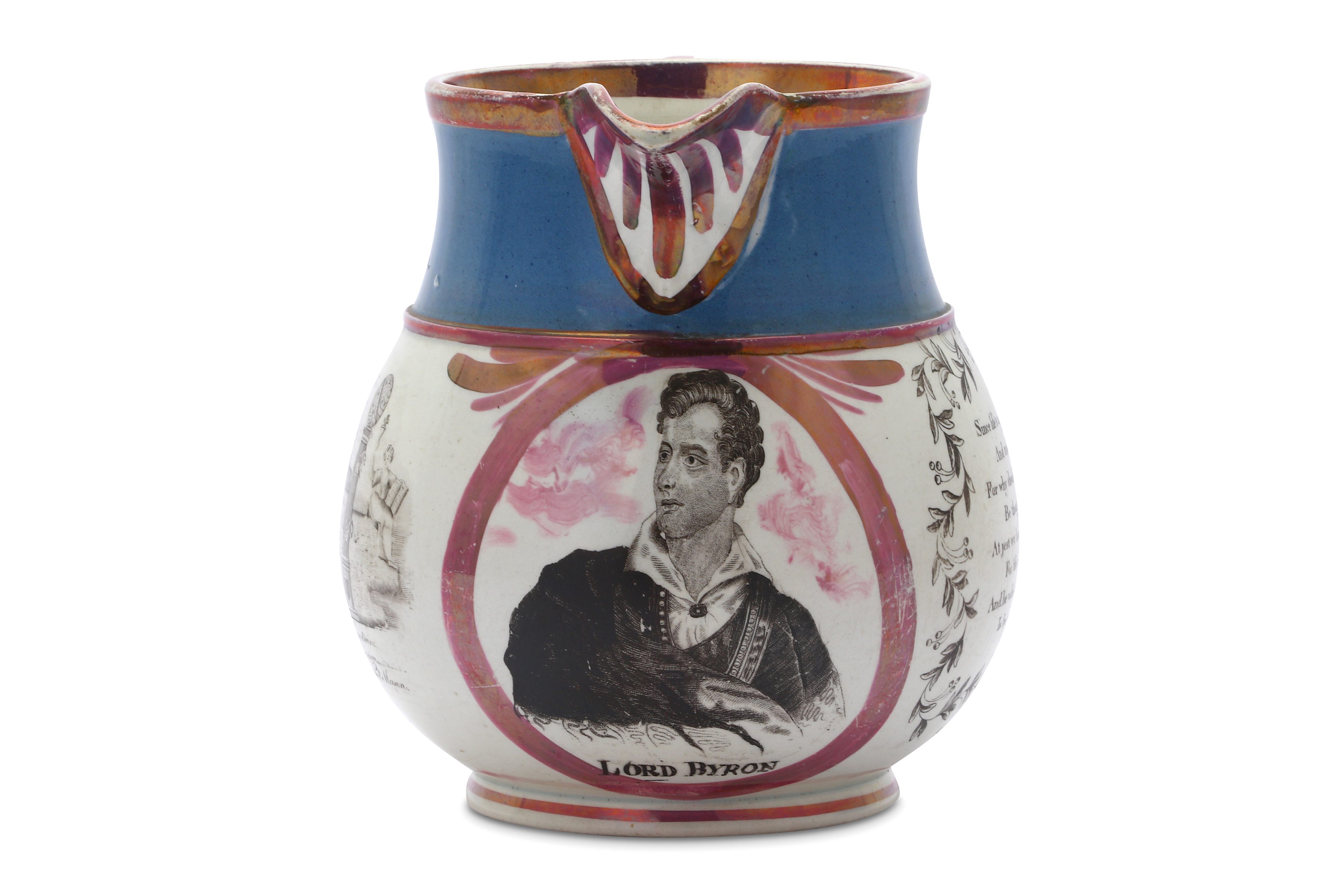 AN EXTREMELY RARE COMMEMORATIVE PINK AND BLUE LUSTREWARE JUG WITH LORD BYRON AND MASONIC SYMBOLS - Image 7 of 7