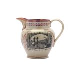 A PINK LUSTREWARE COMMEMORATIVE JUG WITH BYRON LEAVING FOR HIS FIRST TRIP TO GREECE