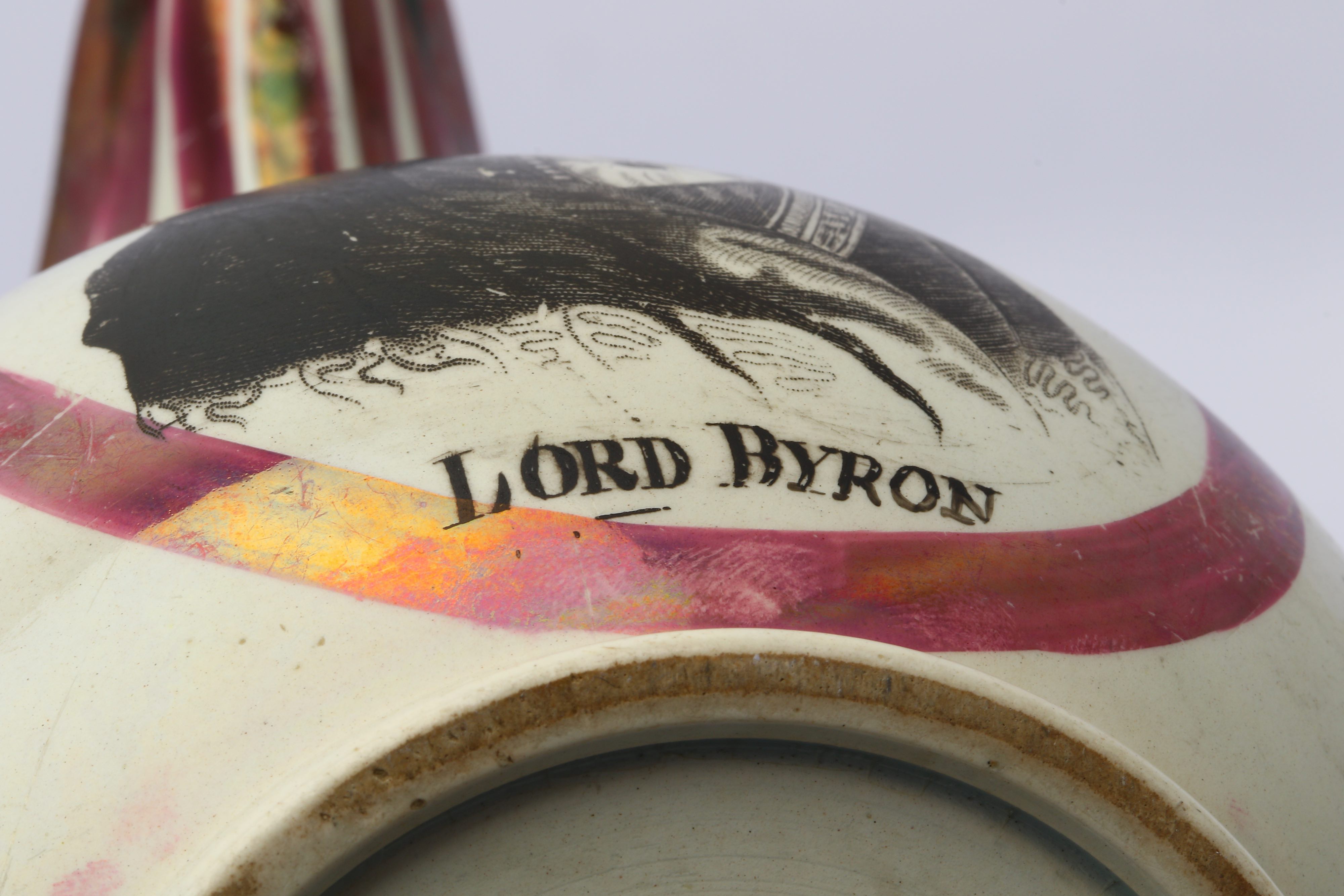 AN EXTREMELY RARE COMMEMORATIVE PINK AND BLUE LUSTREWARE JUG WITH LORD BYRON AND MASONIC SYMBOLS - Image 3 of 7