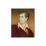 A PORTRAIT MINIATURE OF LORD BYRON WEARING A RED CLOAK