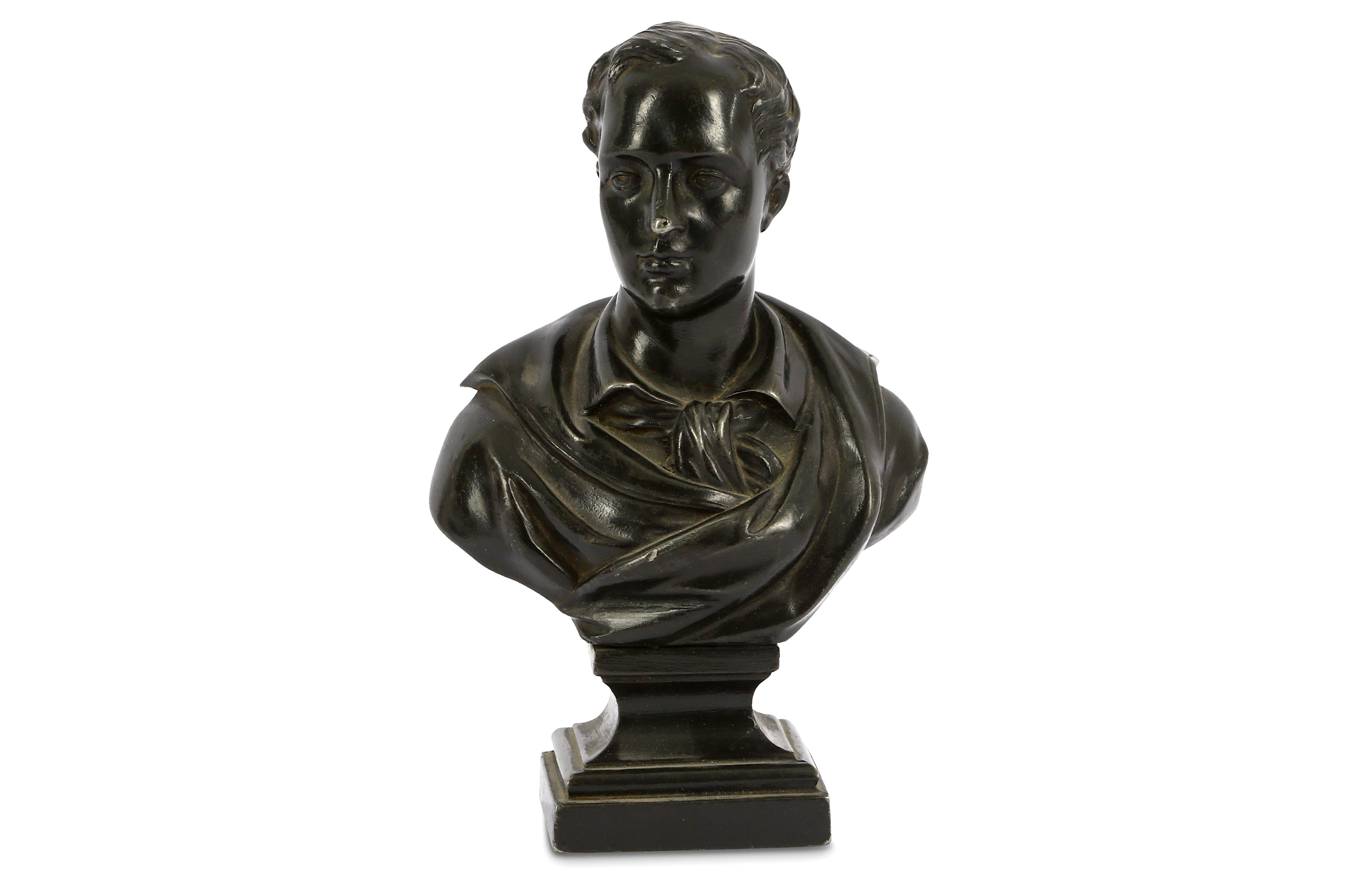 A PATINATED SPELTER BUST OF LORD BYRON