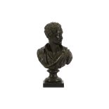 A VICTORIAN PATINATED SPELTER BUST OF LORD BYRON IN GREEK UNIFORM