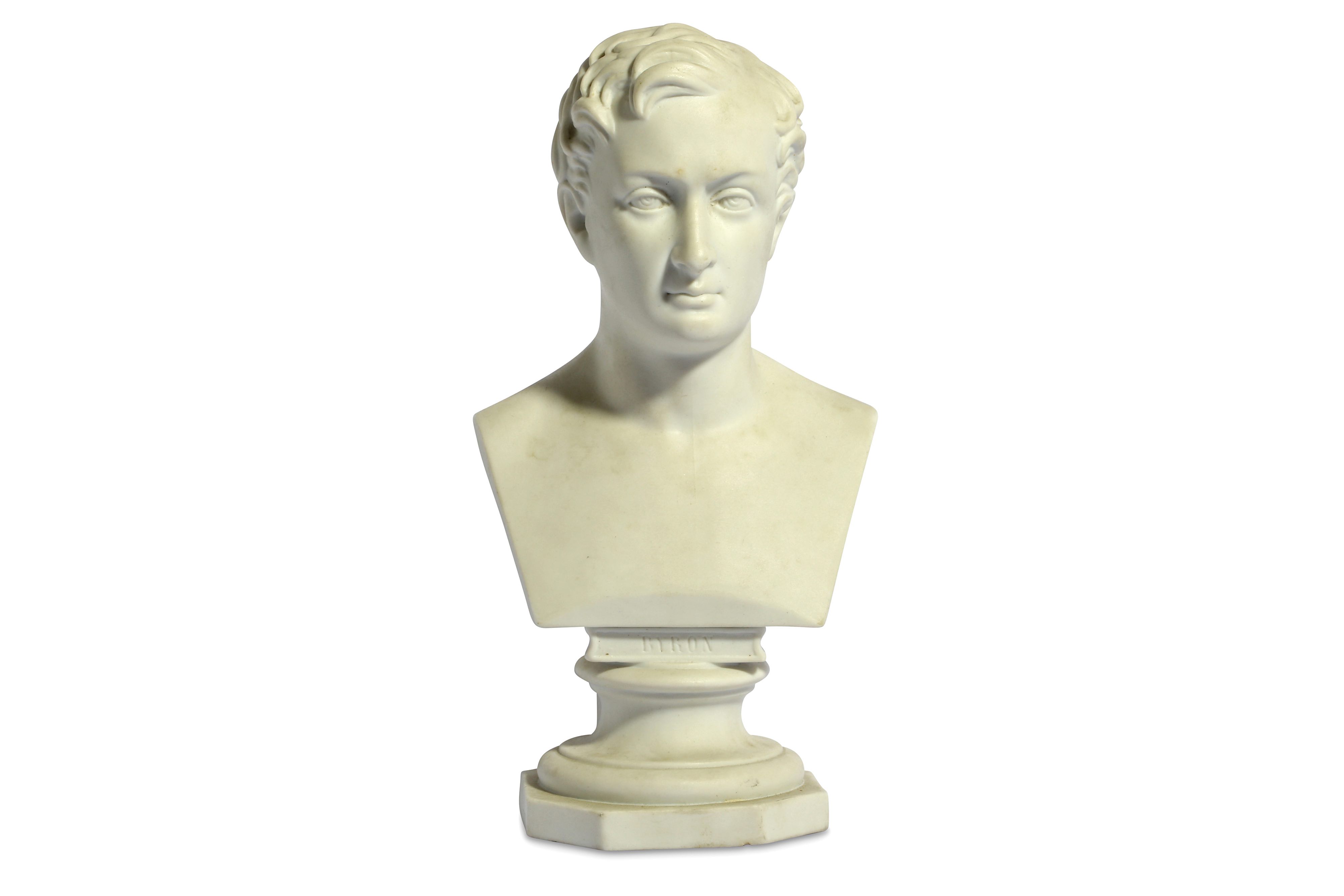 AN EARLY BISQUE PORCELAIN BUST OF LORD BYRON