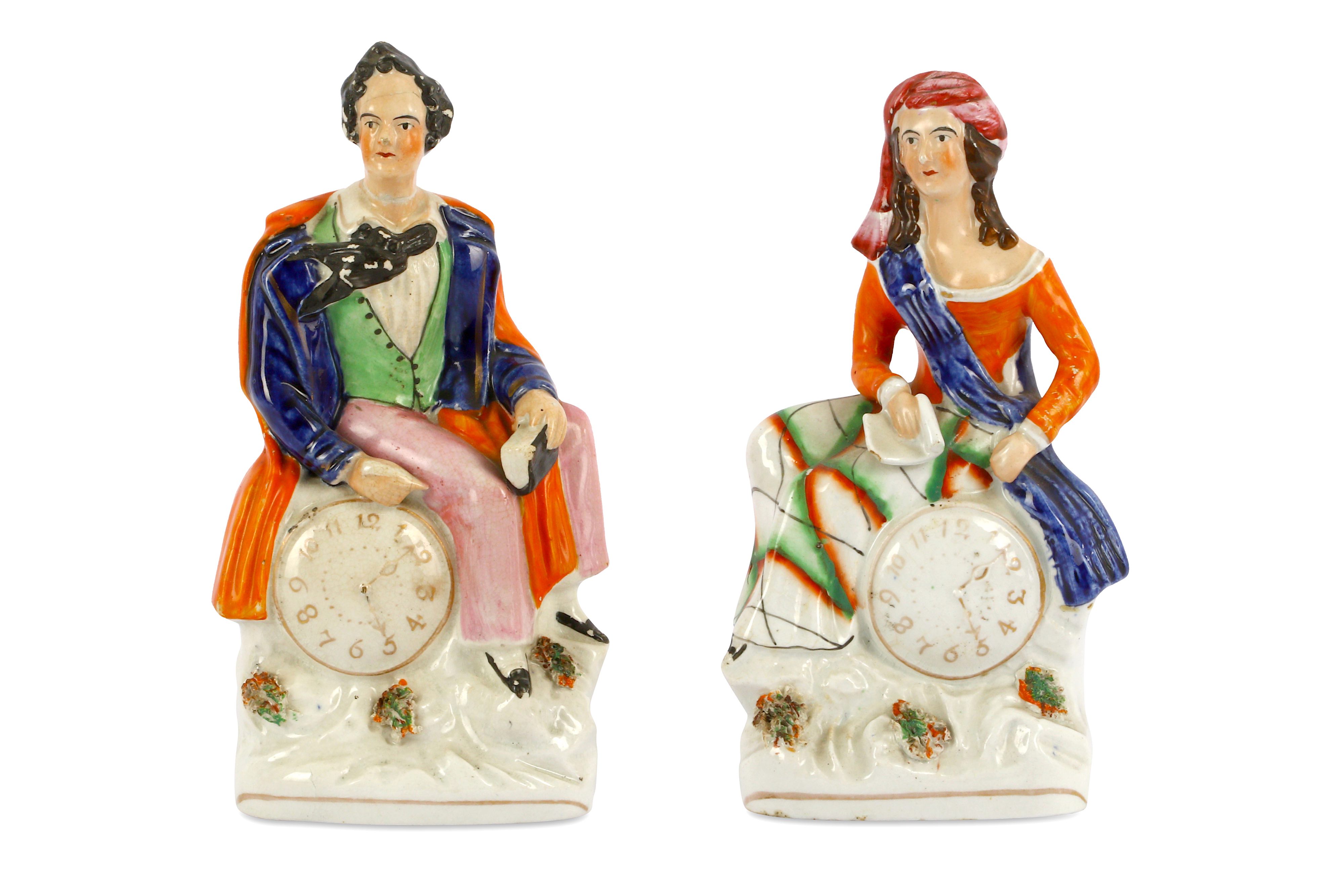 A PAIR OF GLAZED STAFFORDSHIRE FIGURES OF LORD BYRON AND TERESA MAKRI