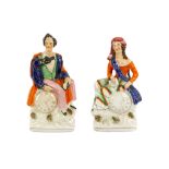 A PAIR OF GLAZED STAFFORDSHIRE FIGURES OF LORD BYRON AND TERESA MAKRI