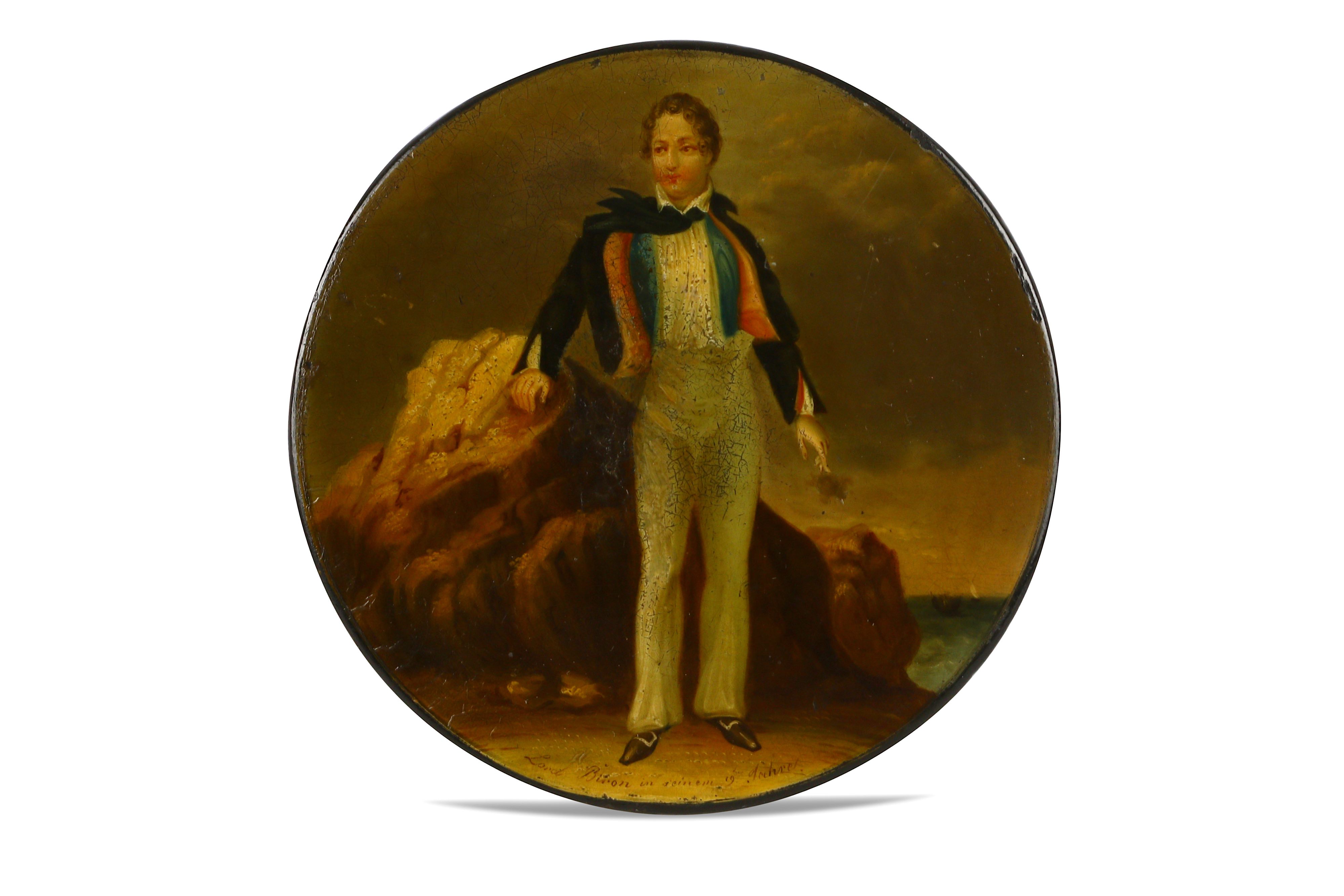 A CIRCULAR PAPIER-MÂCHÉ SNUFF BOX WITH BYRON LEAVING FOR HIS FIRST TRIP TO GREECE