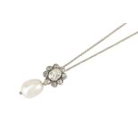 A cultured pearl and diamond pendant necklace