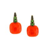 A pair of coral and tsavorite garnet 'Capri' earrings, by Pomellato