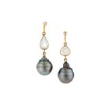 A pair of cultured pearl, moonstone and diamond earrings