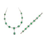 An emerald and diamond pendant necklace and bracelet suite