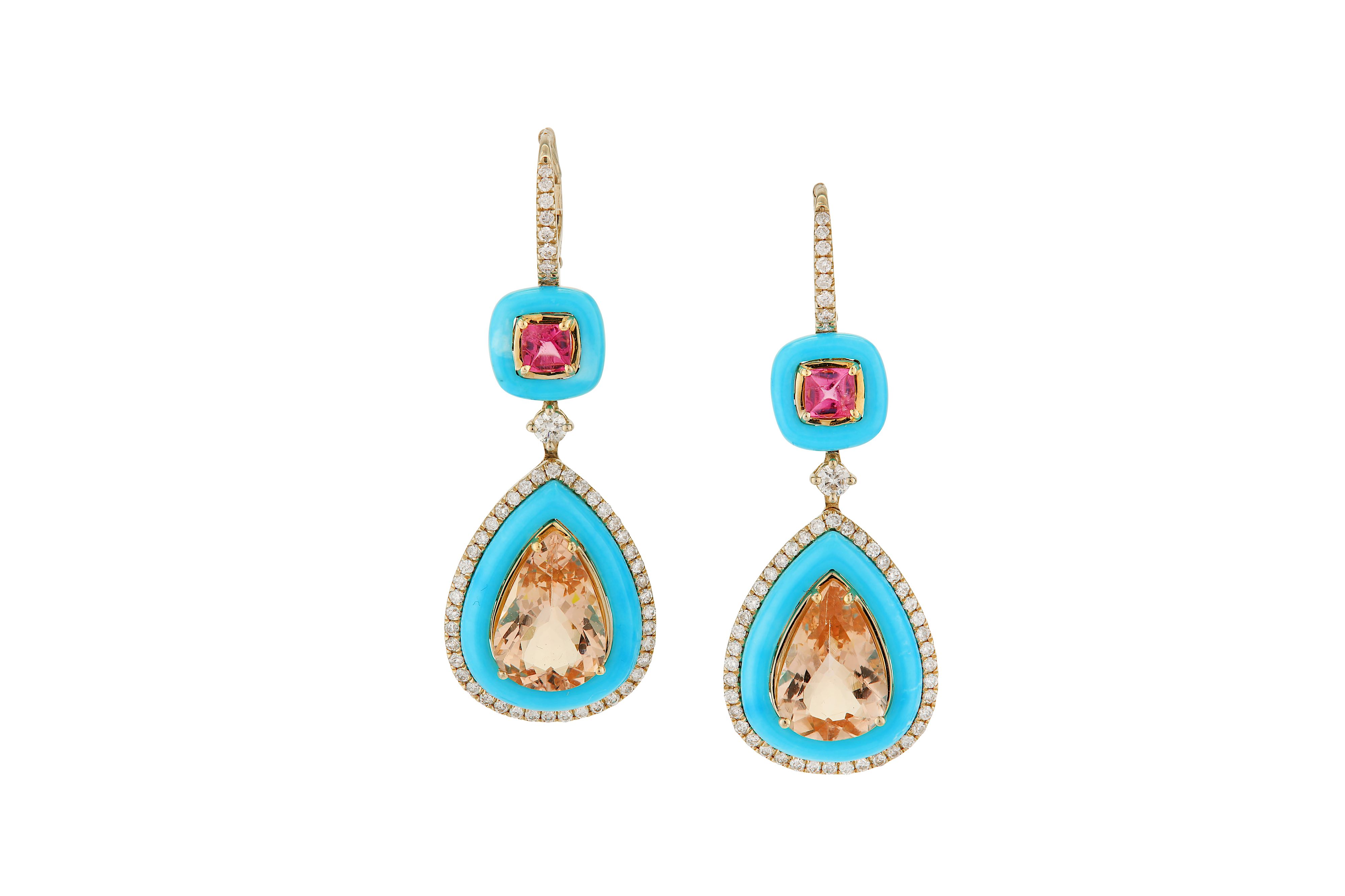 A pair of morganite, pink tourmaline, diamond and turquoise earrings