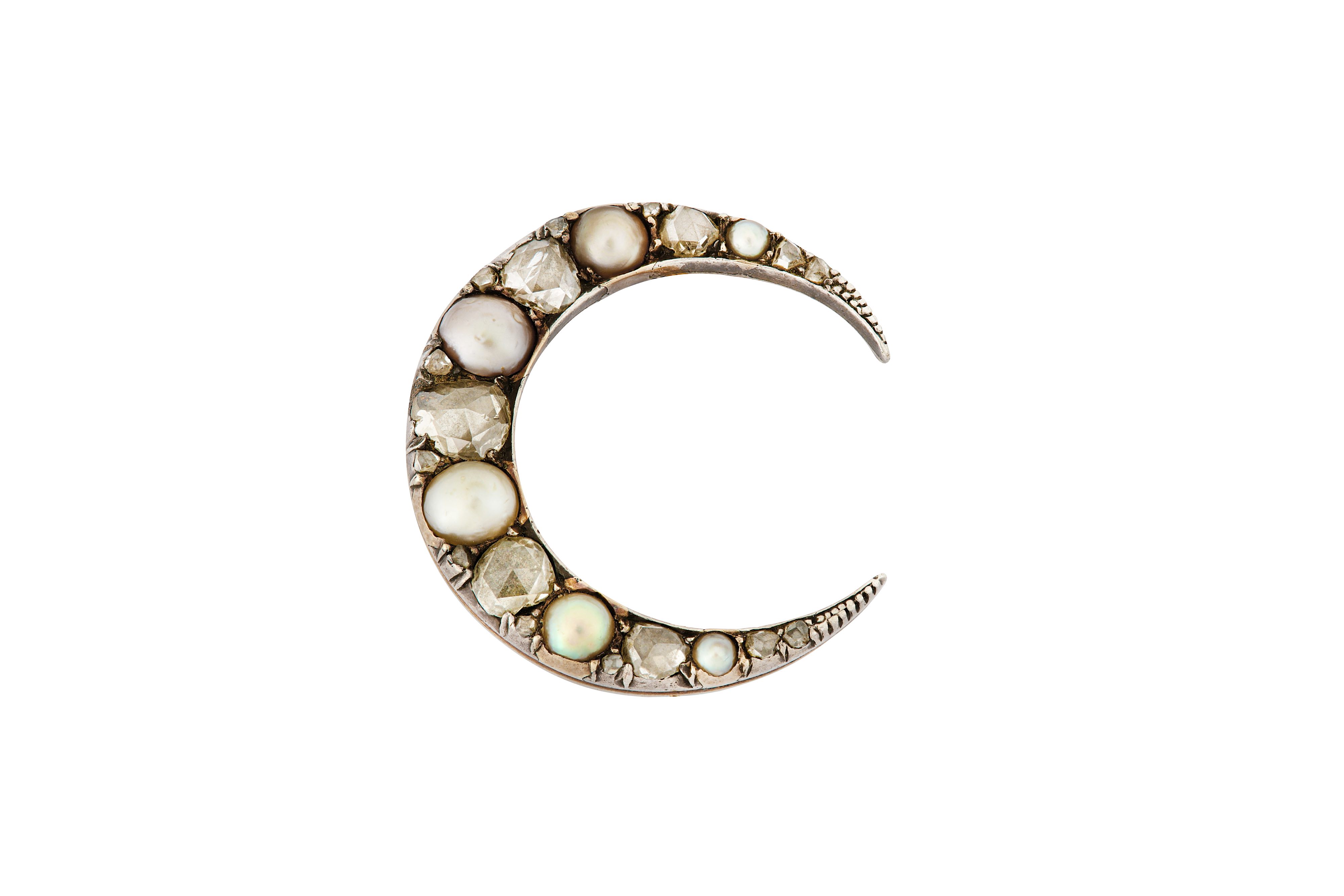 A diamond and half-pearl crescent brooch, circa 1900 - Image 2 of 2