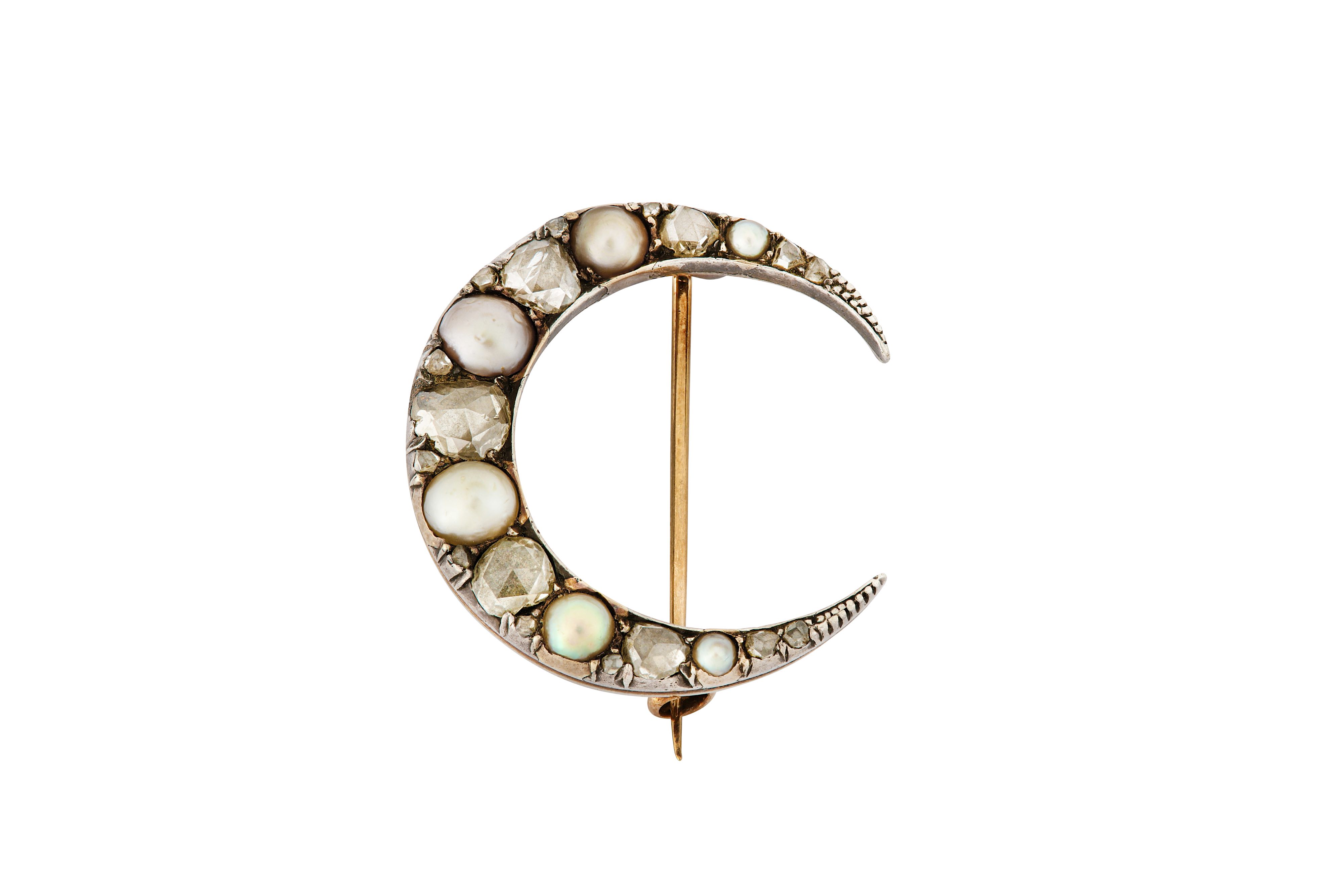 A diamond and half-pearl crescent brooch, circa 1900