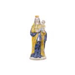 A 17TH CENTURY FRENCH FAIENCE (NEVERS) POLYCHROME CERAMIC FIGURE OF THE VIRGIN AND CHILD the crowned