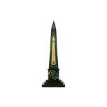 A LATE 19TH CENTURY PIETRE DURE AND MALACHITE INLAID OBELISK THERMOMETER with ivory scale, marked