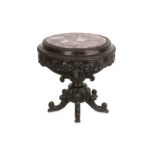 A 19TH CENTURY ANGLO-INDIAN EBONISED MINIATURE TABLE WITH LATER AMETHYST TOP of circular form with
