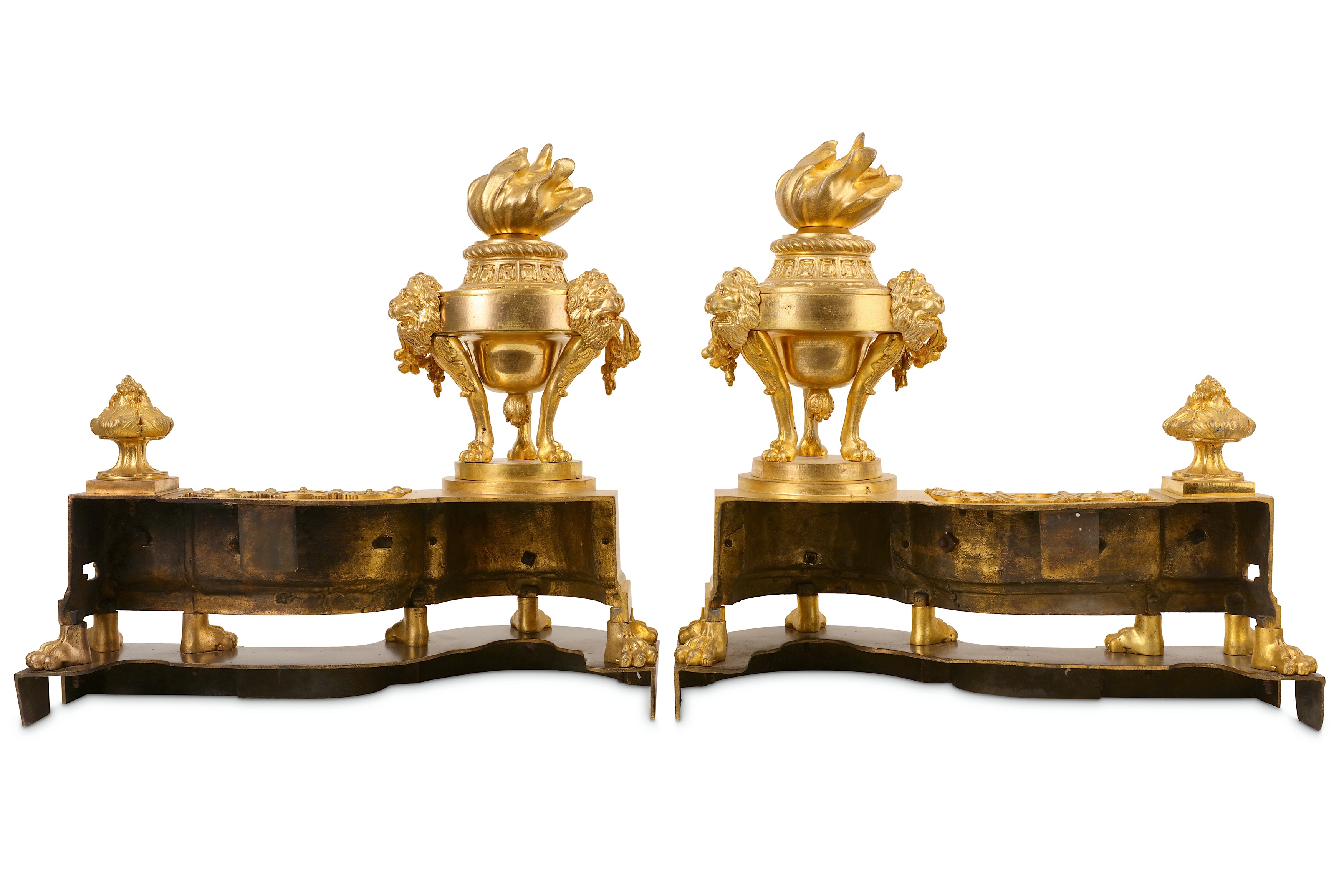 A PAIR OF LATE 19TH CENTURY FRENCH LOUIS XVI STYLE GILT BRONZE CHENETS the main supports cast as - Image 3 of 3