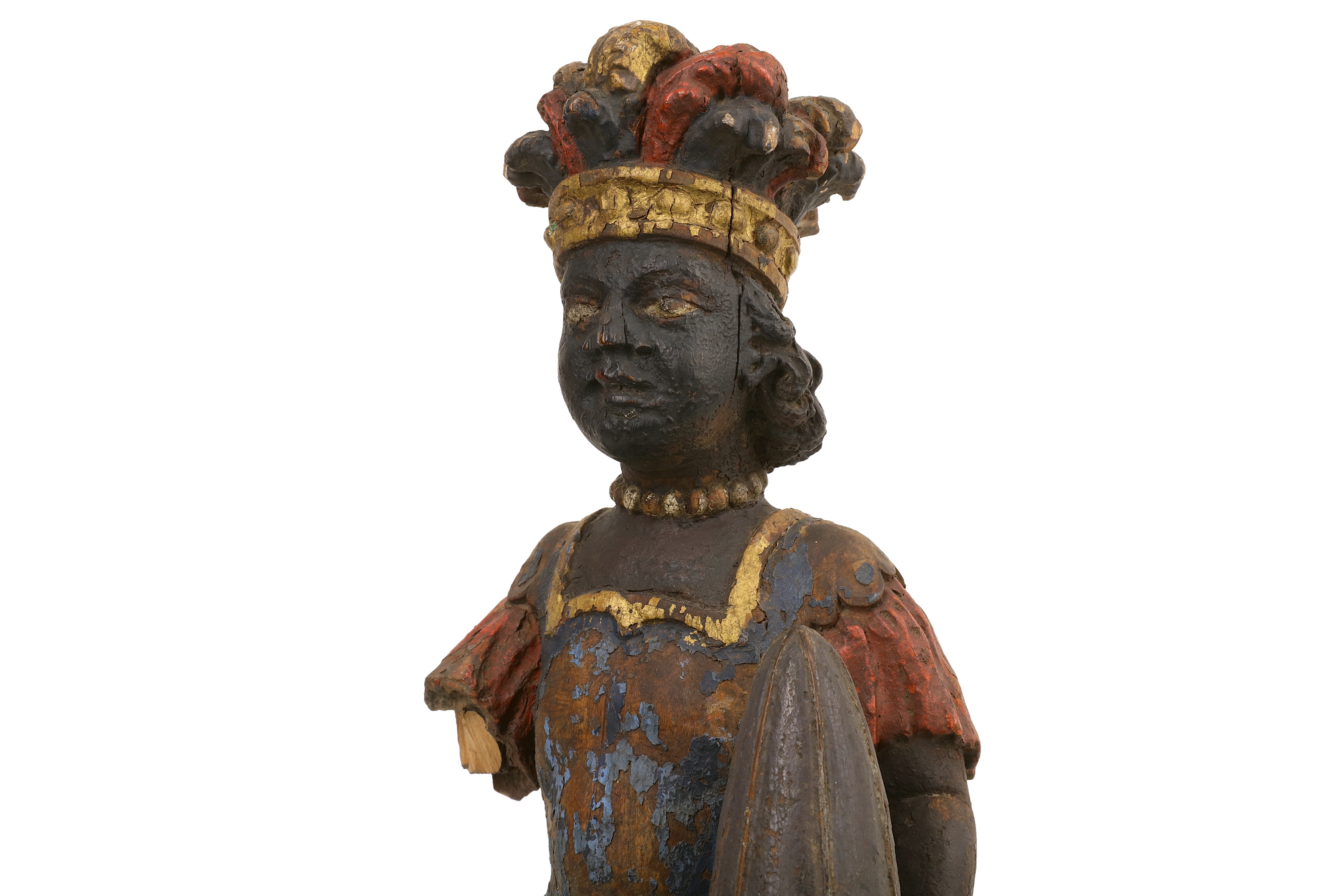 A RARE 18TH CENTURY CARVED AND POLYCHROME DECORATED TOBACCO SHOP SIGN MODELLED AS A NATIVE - Image 5 of 7