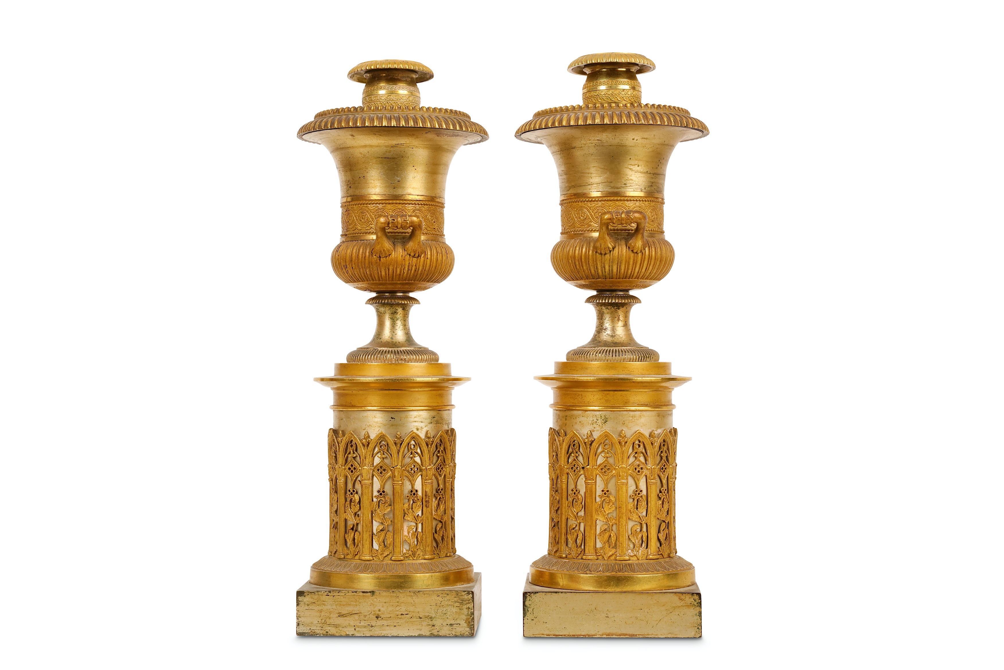 A PAIR OF SECOND QUARTER 19TH CENTURY FRENCH GILT AND SILVERED BRONZE CANDLESTICKS FORMED AS URNS - Image 4 of 5