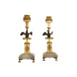 A PAIR OF 19TH CENTURY GILT AND PATINATED BRONZE AND MARBLE CANDLESTICKS in the manner of Matthew