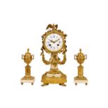 A MID 19TH CENTURY FRENCH GILT BRONZE AND WHITE MARBLE CLOCK GARNITURE BY POTONIE OF PARIS, CIRCA