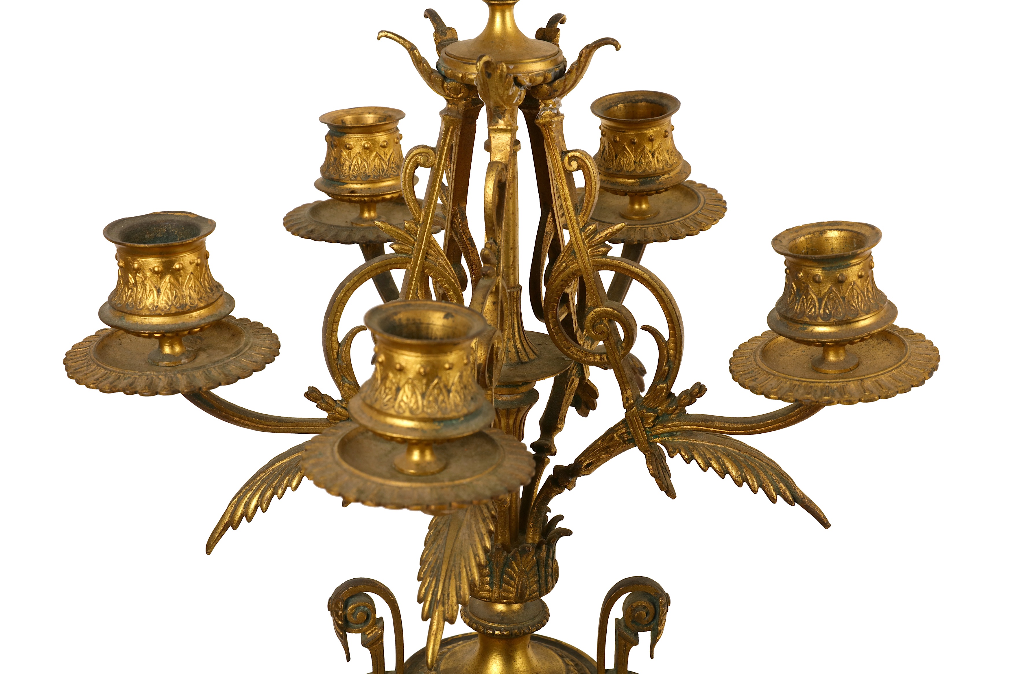 A PAIR OF LATE 19TH CENTURY FRENCH GILT METAL AND BRECCIA MARBLE CANDELABRA in the Neo-Grec style, - Image 7 of 7