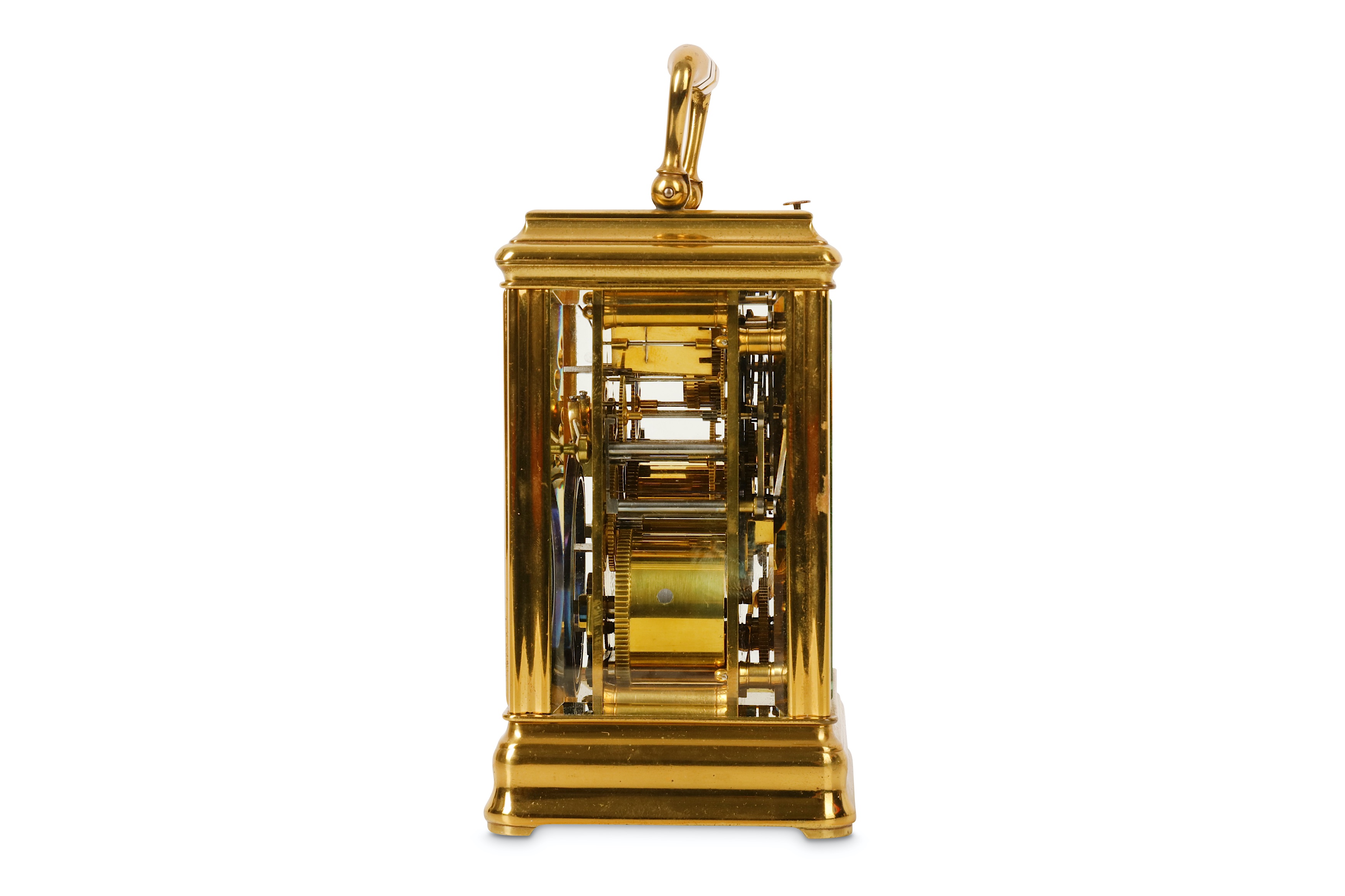 A LATE 19TH CENTURY FRENCH LACQUERED BRASS CARRIAGE CLOCK WITH ALARM AND REPEAT  the gorge case with - Image 2 of 5