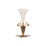 A LATE 19TH CENTURY FRENCH GILT BRONZE, CHAMPLEVE ENAMEL AND CUT GLASS CENTREPIECE / VASE BY