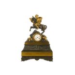 A MID 19TH CENTURY FRENCH GILT AND PATINATED BRONZE MANTEL CLOCK DEPICTING NAPOLEON ON THE KHYBER