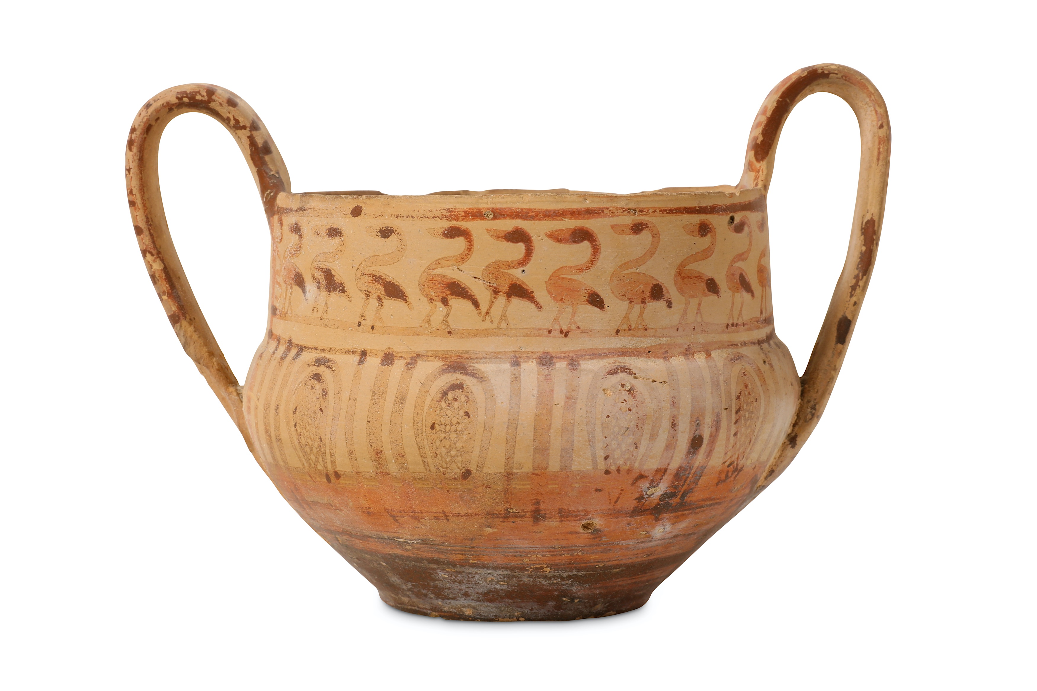 A 7TH / 8TH CENTURY B.C. GREEK GEOMETRIC PERIOD TERRACOTTA KANTHAROS the vessel with twin scroll - Image 2 of 4