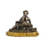 A MID 18TH CENTURY FRENCH BRONZE FIGURE OF A GIRL WITH A DOG the reclining nude youth being licked