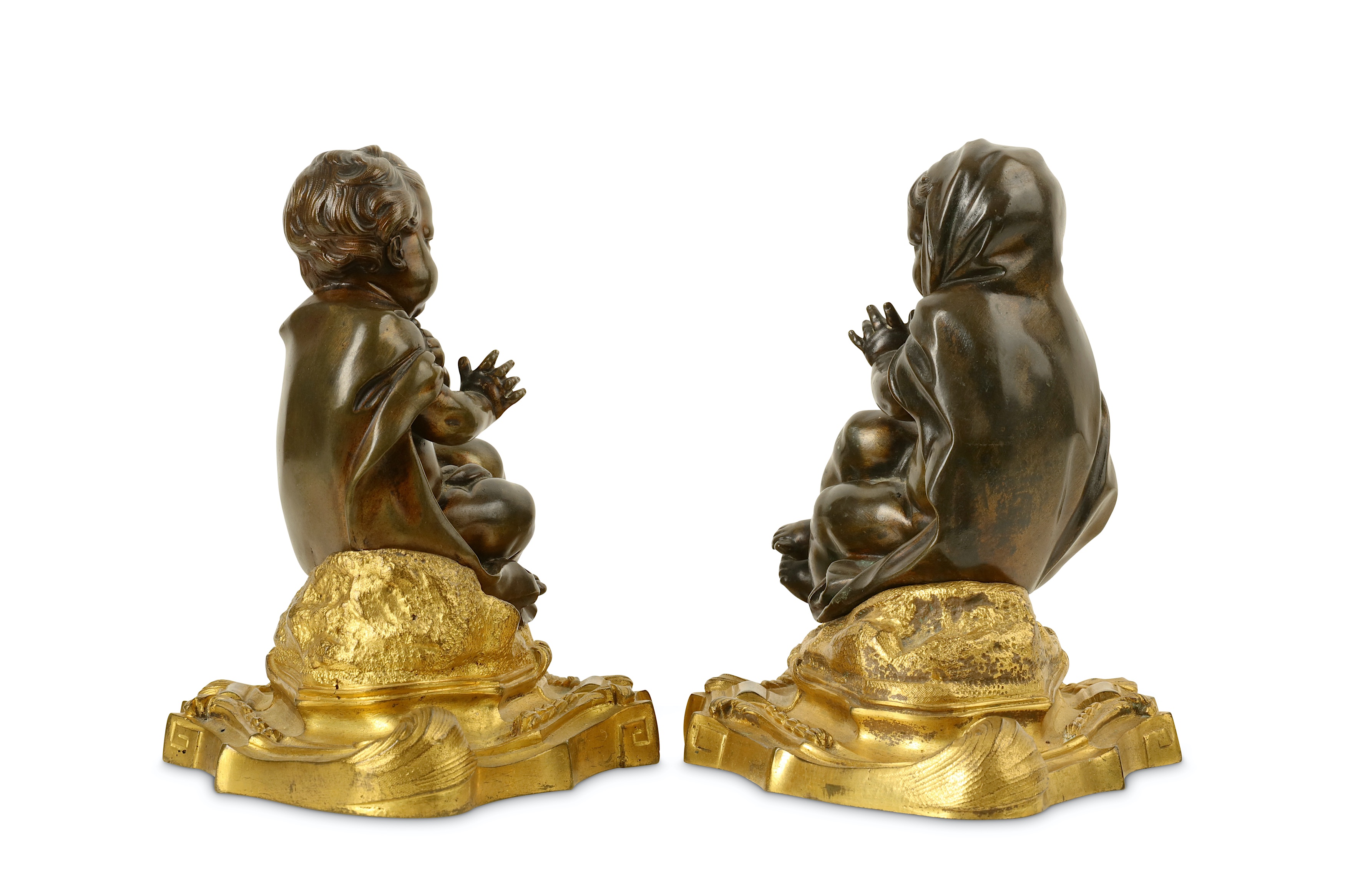 A PAIR OF LATE 18TH / EARLY 19TH CENTURY FRENCH BRONZE ALLEGORICAL FIGURES OF PUTTI REPRESENTING - Image 3 of 5