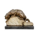 THEODORE COINCHON (FRENCH, 1814-1881): A BRONZE MODEL OF A PANTHER with silvered decoration to the