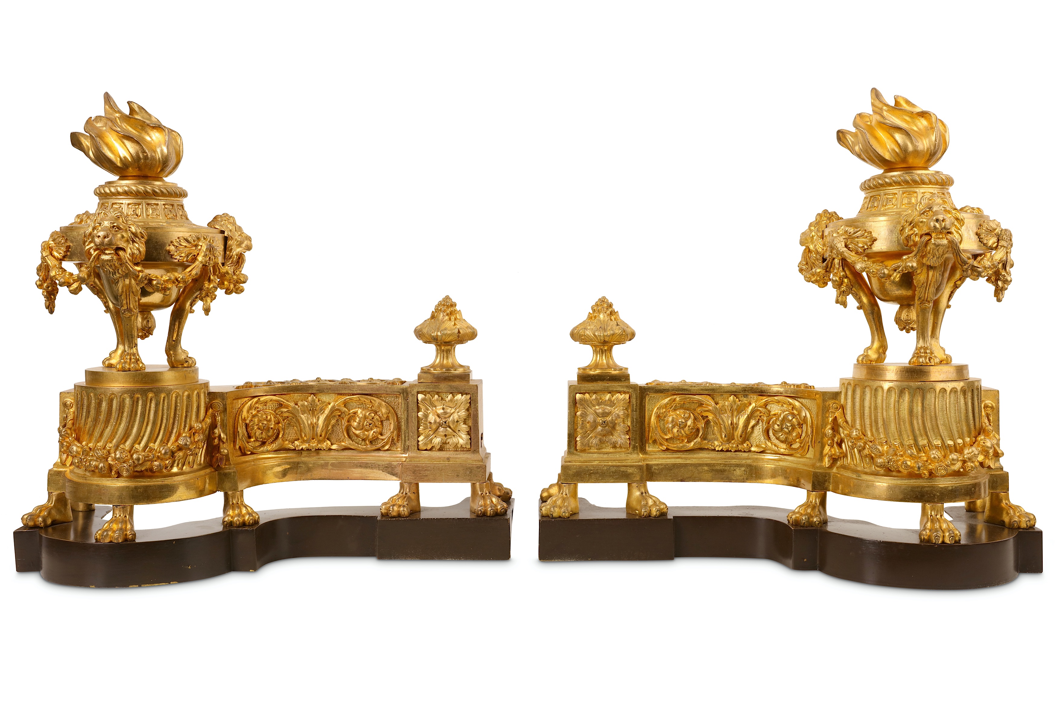 A PAIR OF LATE 19TH CENTURY FRENCH LOUIS XVI STYLE GILT BRONZE CHENETS the main supports cast as - Image 2 of 3