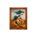 A LATE 18TH / EARLY 19TH CENTURY ITALIAN PAINTING ON GLASS DEPICTING PUTTI IN A LANDSCAPE of