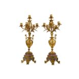 A PAIR OF LATE 19TH CENTURY FRENCH GILT METAL AND BRECCIA MARBLE CANDELABRA in the Neo-Grec style,