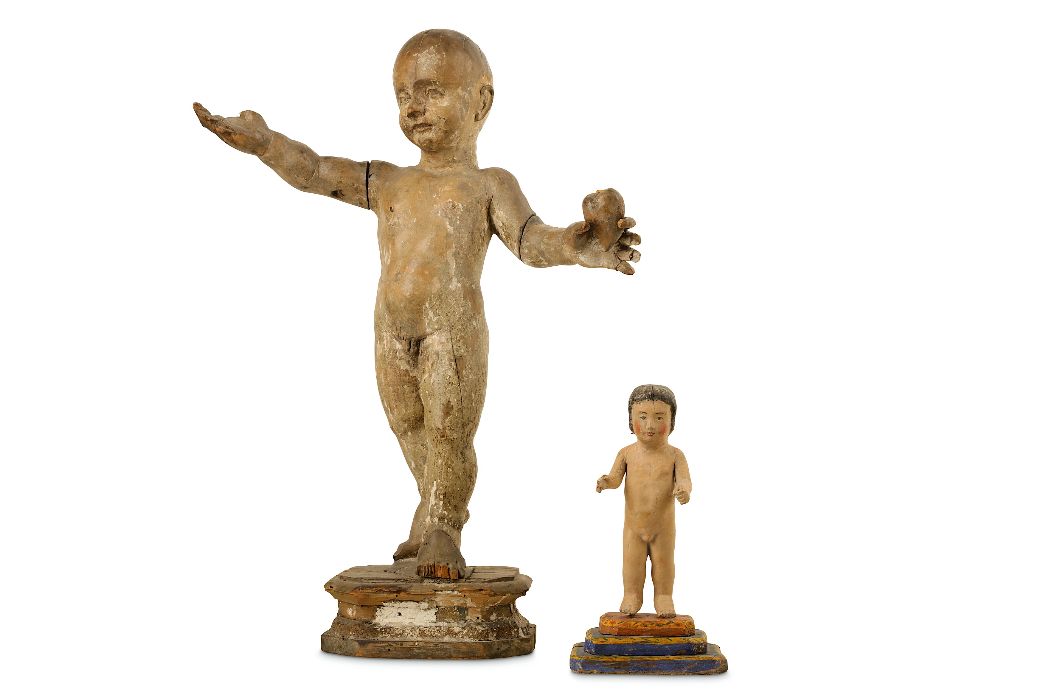 A 17TH  / 18TH CENTURY SPANISH CARVED AND PAINTED WOOD FIGURE OF THE CHRIST CHILD TOGETHER WITH