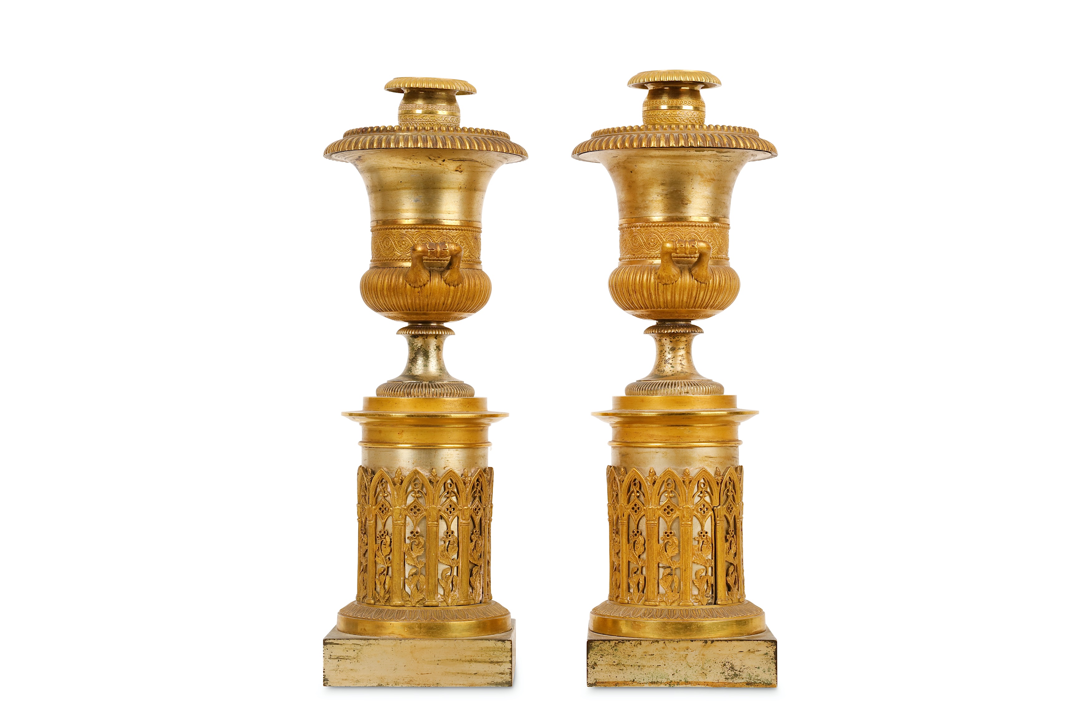 A PAIR OF SECOND QUARTER 19TH CENTURY FRENCH GILT AND SILVERED BRONZE CANDLESTICKS FORMED AS URNS - Image 2 of 5