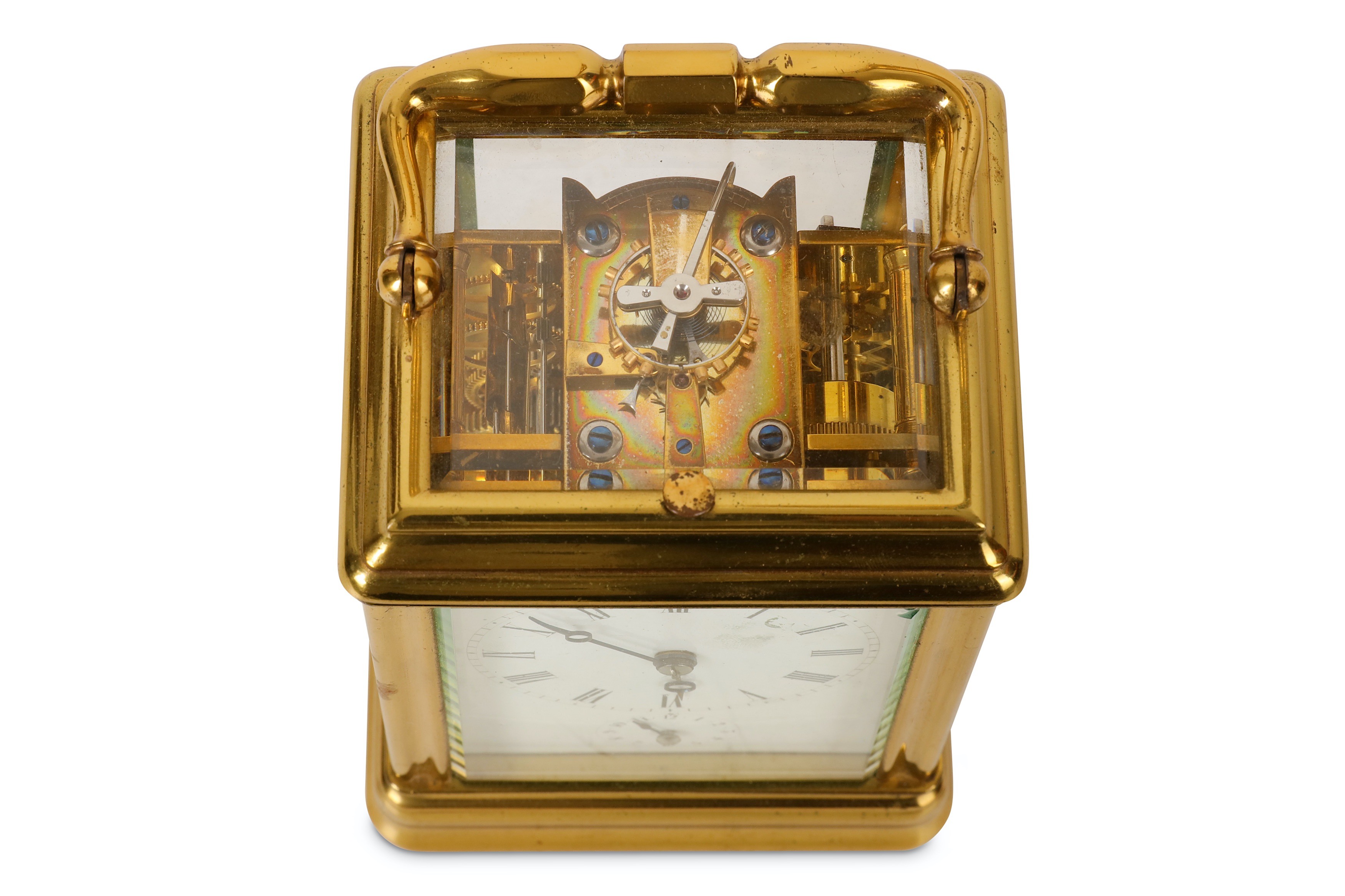 A LATE 19TH CENTURY FRENCH LACQUERED BRASS CARRIAGE CLOCK WITH ALARM AND REPEAT  the gorge case with - Image 5 of 5