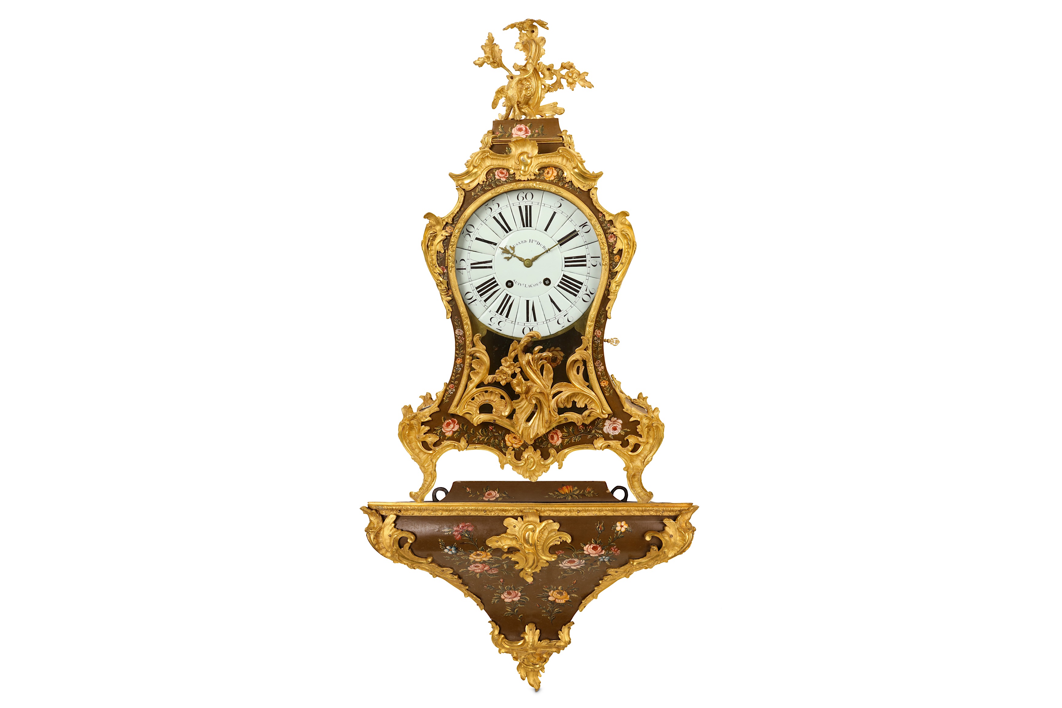 A LARGE 18TH CENTURY FRENCH LOUIS XV PERIOD PAINTED AND GILT BRONZE MOUNTED BRACKET CLOCK SIGNED