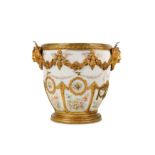 A 19TH CENTURY SEVRES STYLE PORCELAIN AND GILT BRONZE MOUNTED JARDINIERE / CACHEPOT MARKED '