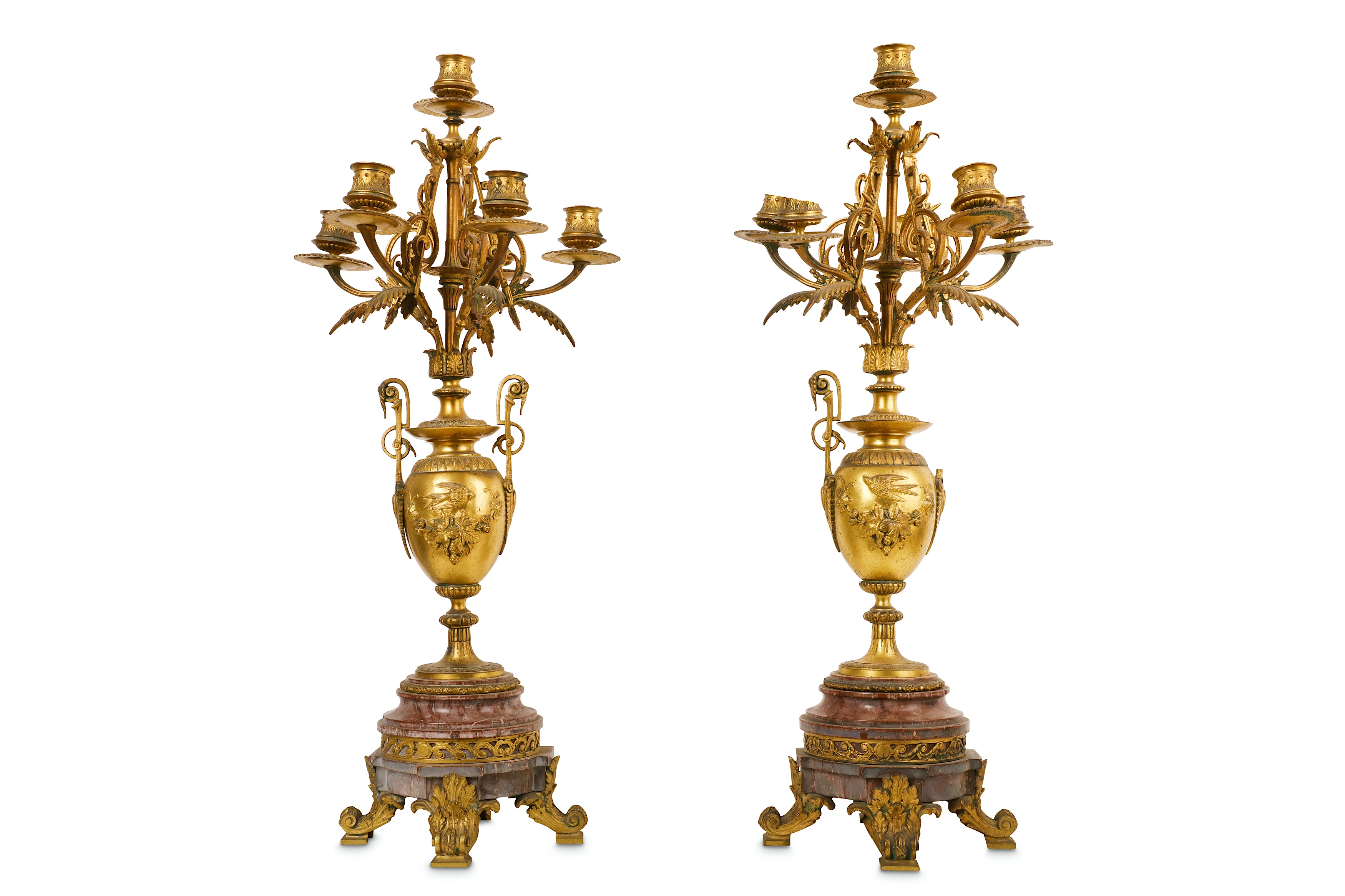 A PAIR OF LATE 19TH CENTURY FRENCH GILT METAL AND BRECCIA MARBLE CANDELABRA in the Neo-Grec style, - Image 2 of 7