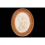 AN 18TH CENTURY ITALIAN CARVED MARBLE RELIEF OF SAINT JOHN THE BAPTIST of oval form, the infant St