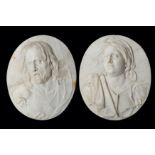 A PAIR OF ITALIAN 18TH CENTURY MARBLE RELIEFS DEPICTING CHRIST AND THE MOURNING VIRGIN IN THE MANNER