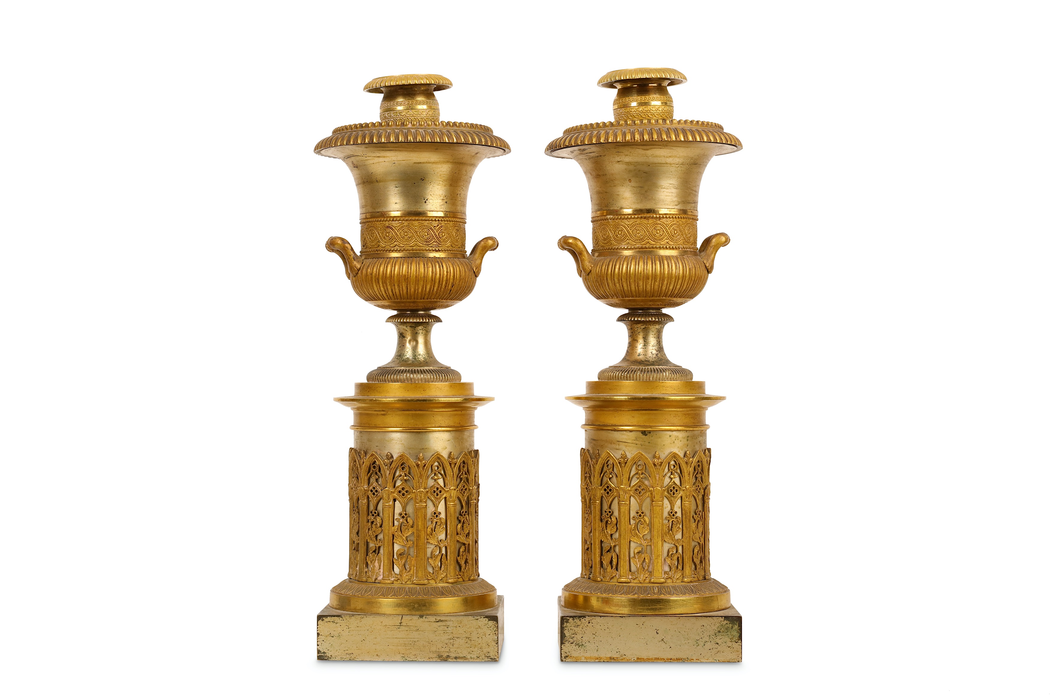A PAIR OF SECOND QUARTER 19TH CENTURY FRENCH GILT AND SILVERED BRONZE CANDLESTICKS FORMED AS URNS - Image 3 of 5