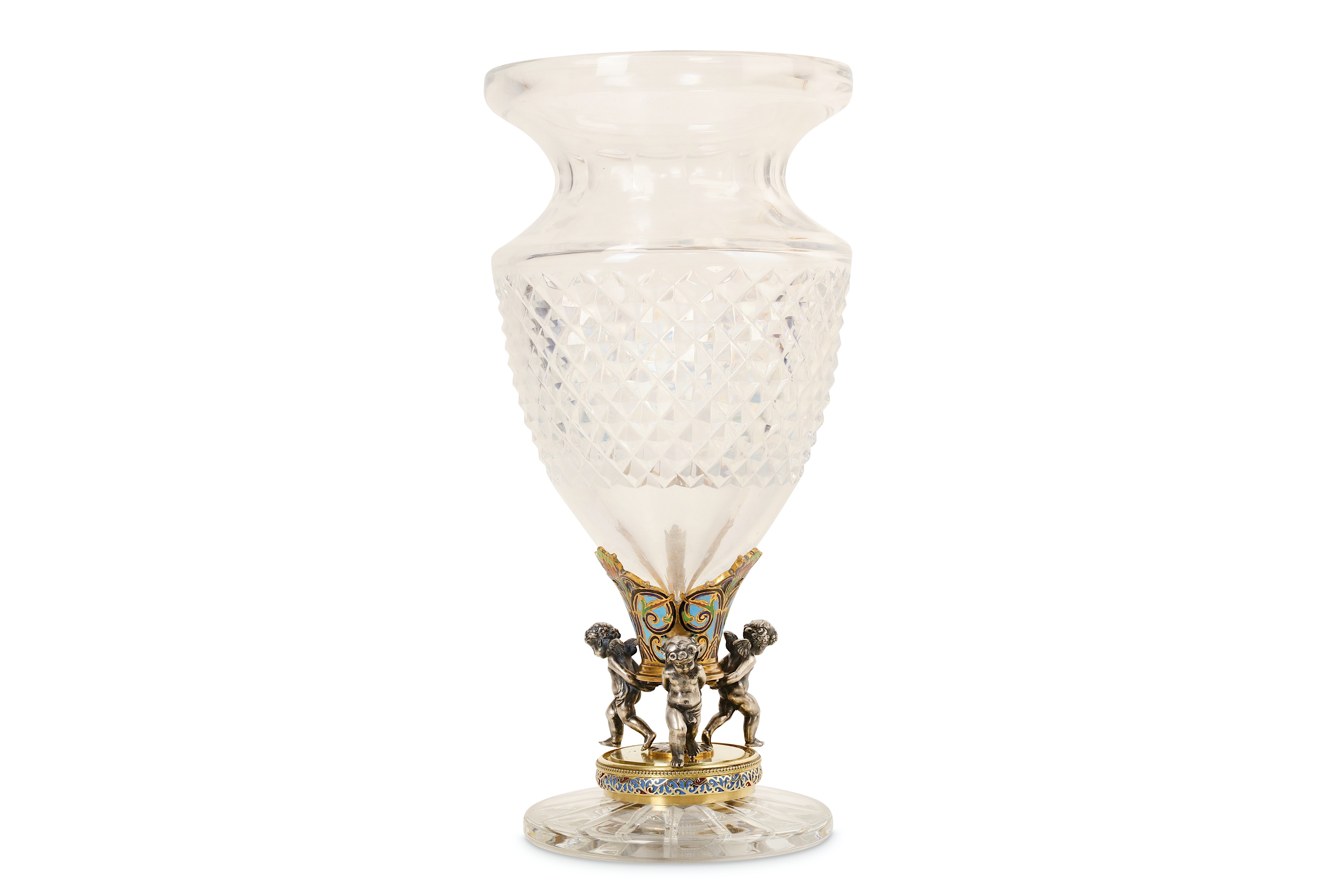 AN EARLY 20TH CENTURY FRENCH BACCARAT STYLE GILT, SILVERED AND CHAMPLEVE MOUNTED GLASS VASE the vase