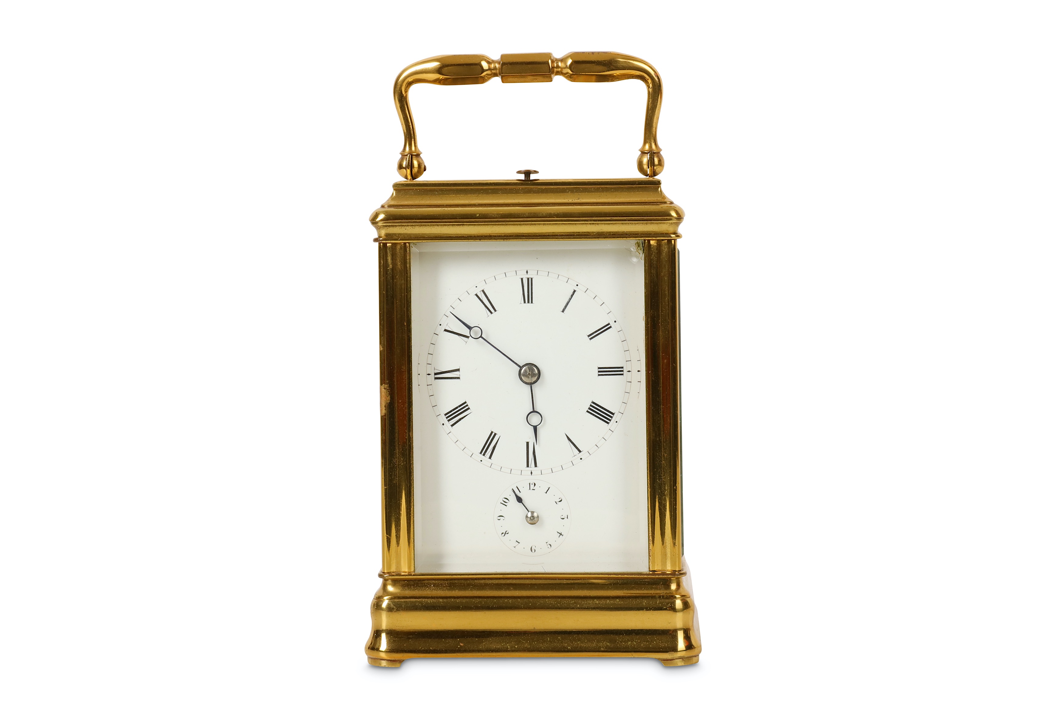 A LATE 19TH CENTURY FRENCH LACQUERED BRASS CARRIAGE CLOCK WITH ALARM AND REPEAT  the gorge case with