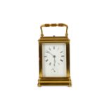 A LATE 19TH CENTURY FRENCH LACQUERED BRASS CARRIAGE CLOCK WITH ALARM AND REPEAT  the gorge case with