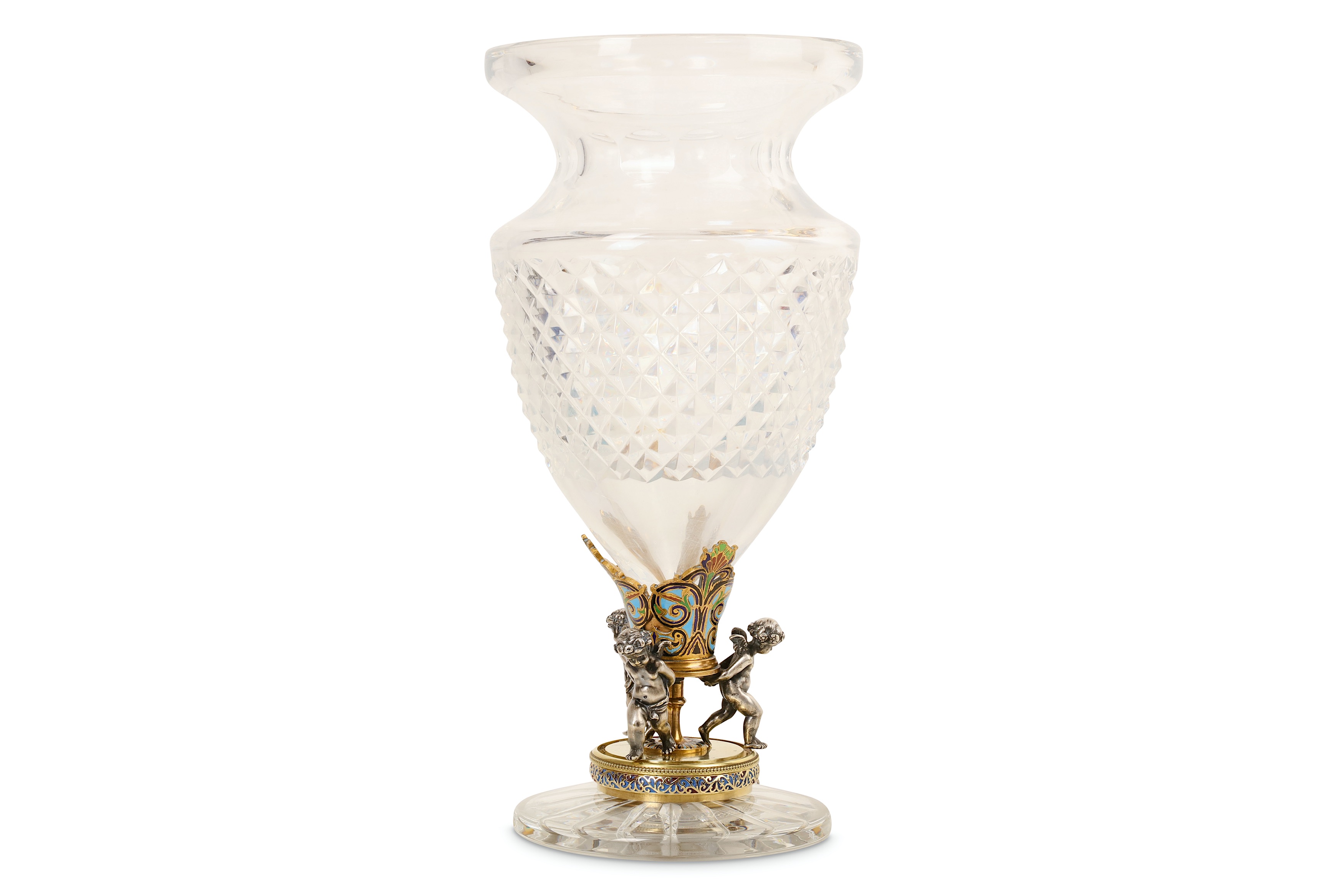 AN EARLY 20TH CENTURY FRENCH BACCARAT STYLE GILT, SILVERED AND CHAMPLEVE MOUNTED GLASS VASE the vase - Image 4 of 4